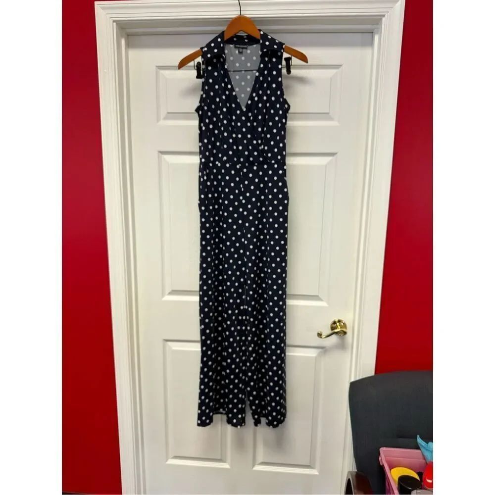 Nina Leonard Navy Polka Dot Sleeveless Collared Jumpsuit Sz S